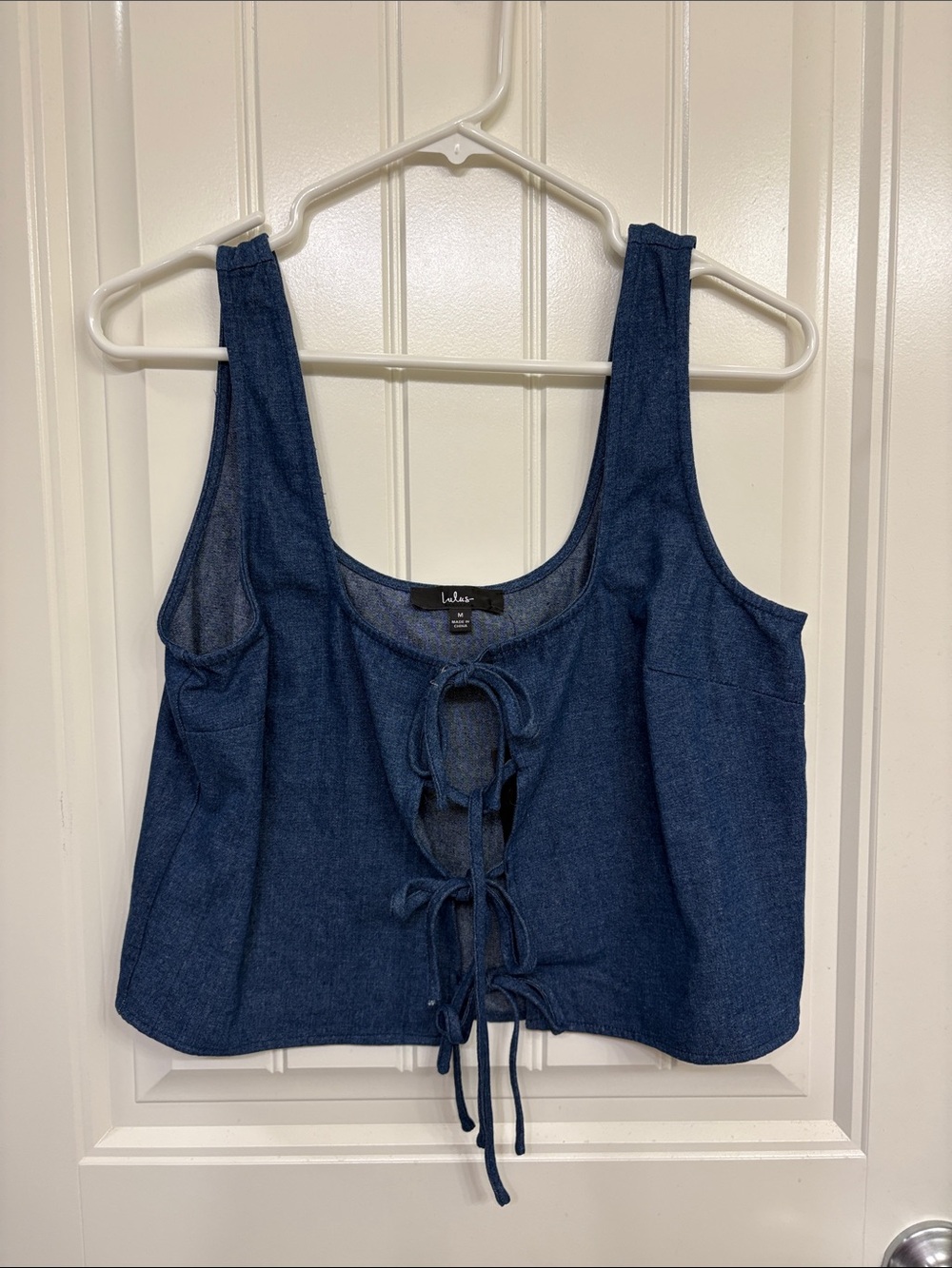 NWT Lulu's Indigo Dark Wash‎ Denim Darling Outfit Bow Front Sleeveless Crop Top